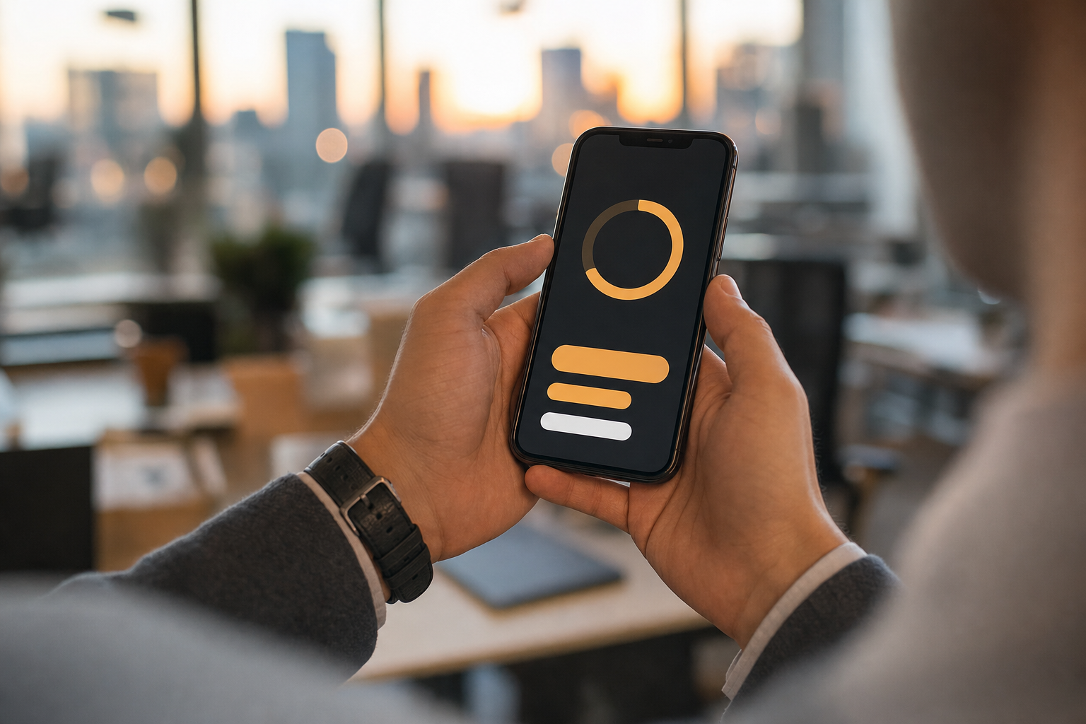 Hands holding a phone showing the HoldPoint app interface