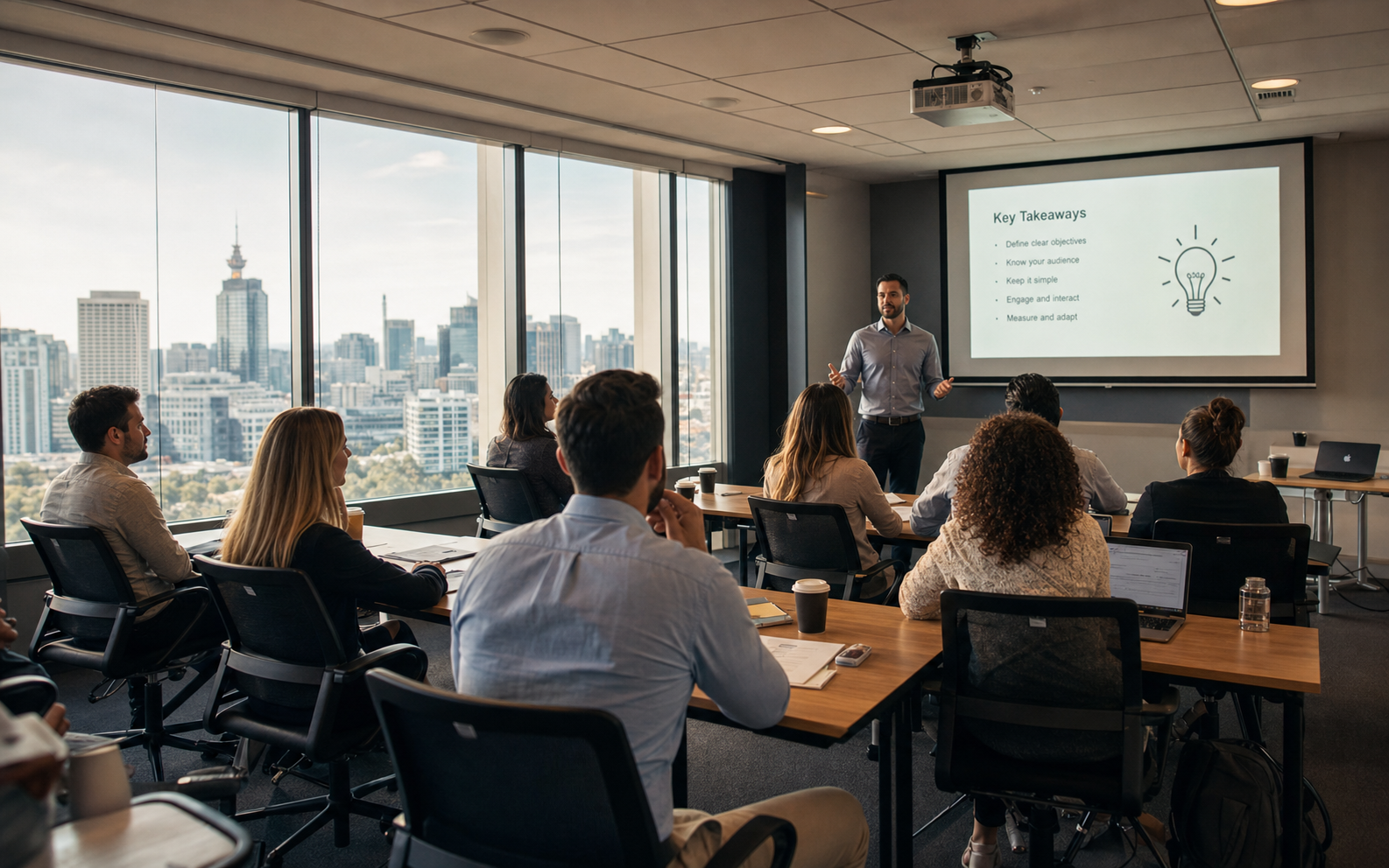 Corporate trainer presenting to seated professionals in an office training room