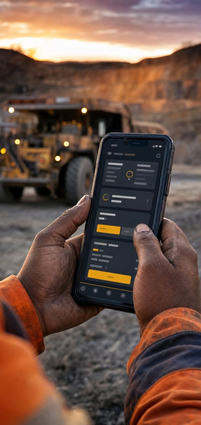 A field worker's hands holding a phone showing the HoldPoint app