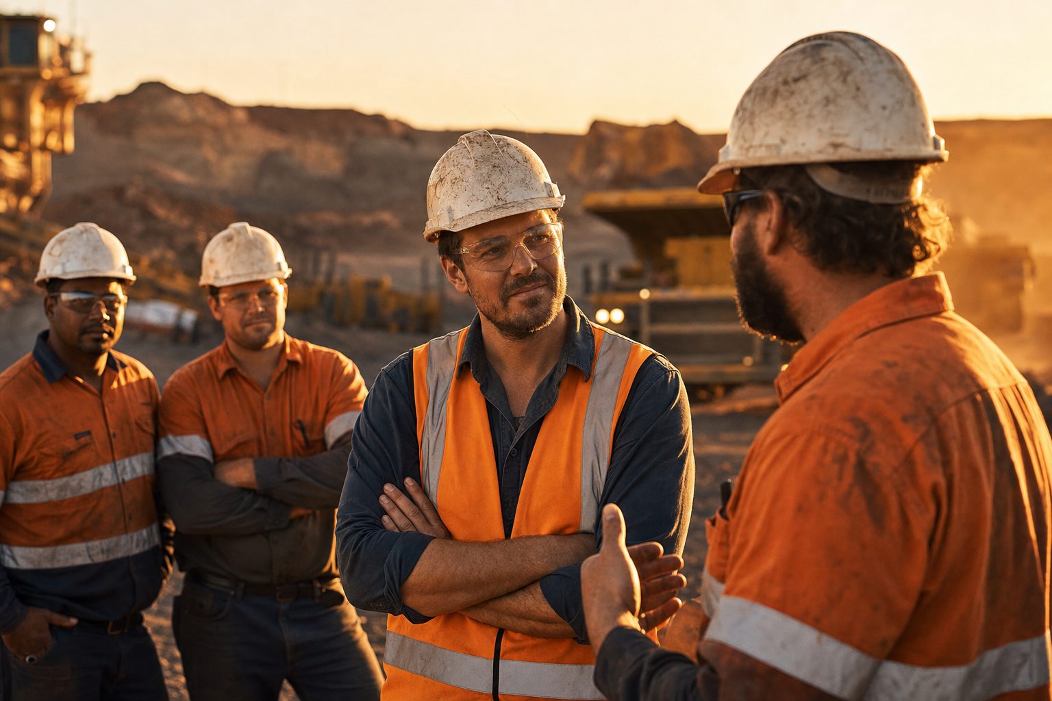 Mining and civil construction supervisor briefing crew on site
